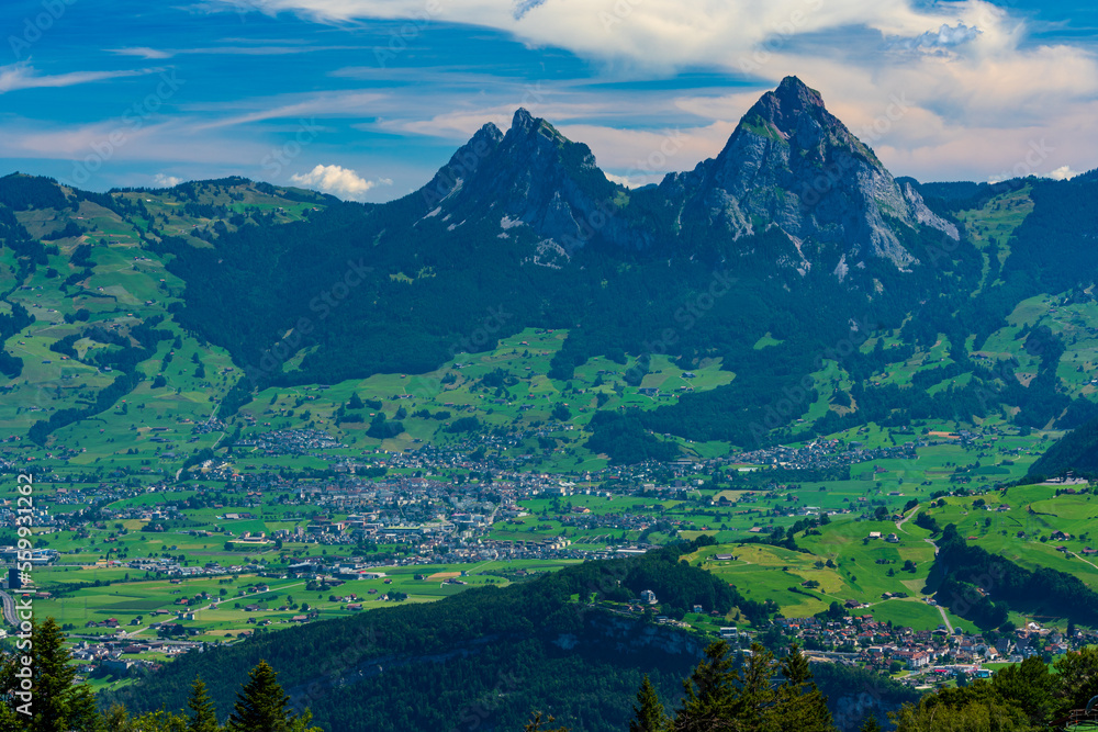 Switzerland 2022, Beautiful view of the Alps from Niederbauen. Schwyz and Mythens.