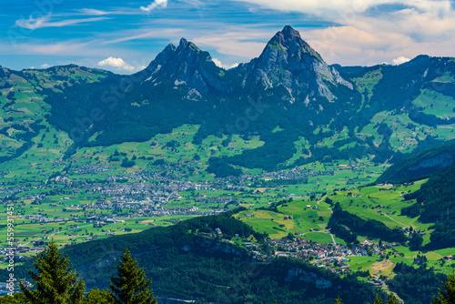Switzerland 2022, Beautiful view of the Alps from Niederbauen. Schwyz and Mythens