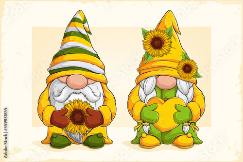 Hand drawn cute sunflower gnomes holding a yellow heart and big sunflower for spring and summer