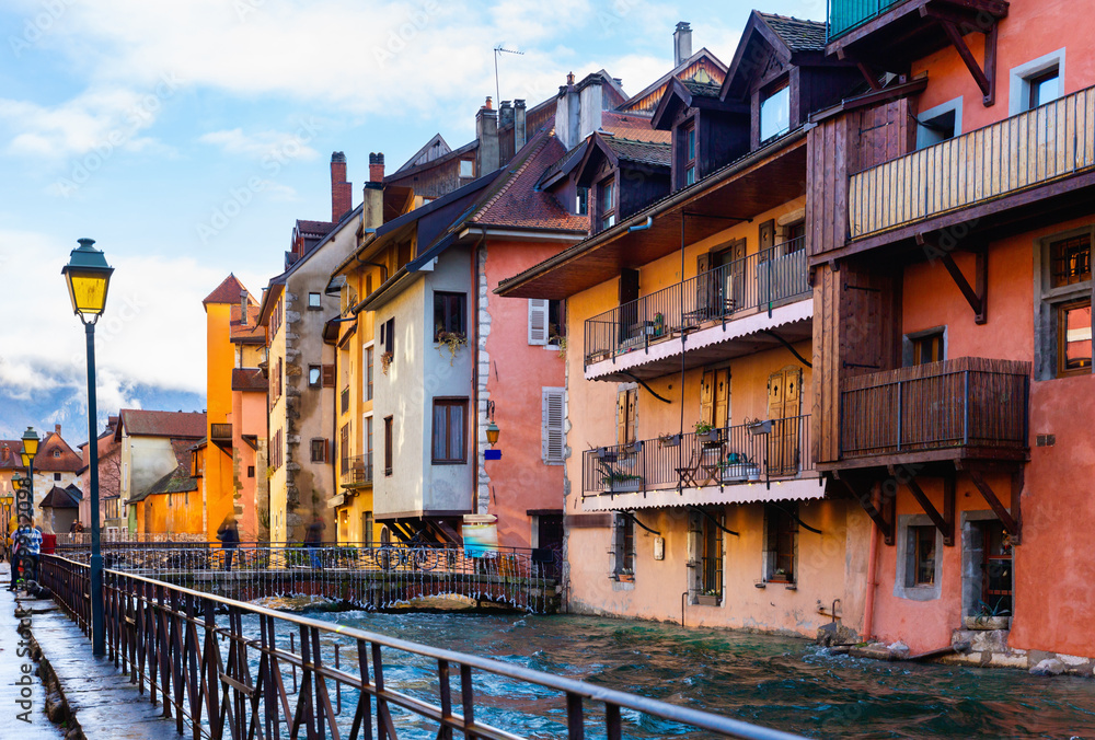 Thiou river in Annecy, Auvergne-Rhone-Alpes, France. View of quay and residential buildings.