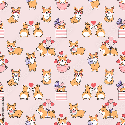 Cute corgi and heart. Seamless pattern for Valentine Day. Printing on fabric and wrapping paper.