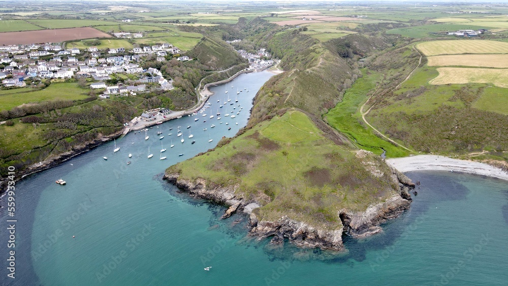 Wide shtot Solva Wales UK coastal village and harbour Drone, Aerial, view from air, birds eye view,