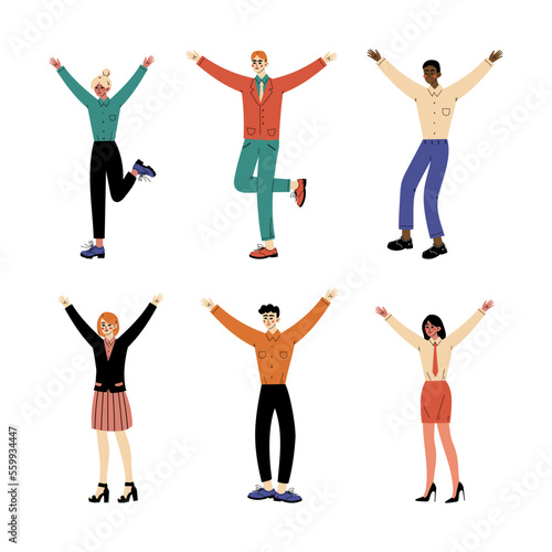 Young people standing with raising hands set. Young men and women celebrating success cartoon vector illustration