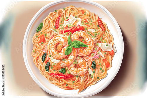 In a white dish  stir fried quick noodles with prawns and crab sticks. Generative AI