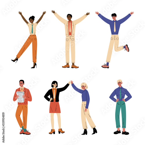 Business people standing with raising hands set. Young men and women celebrating success cartoon vector illustration