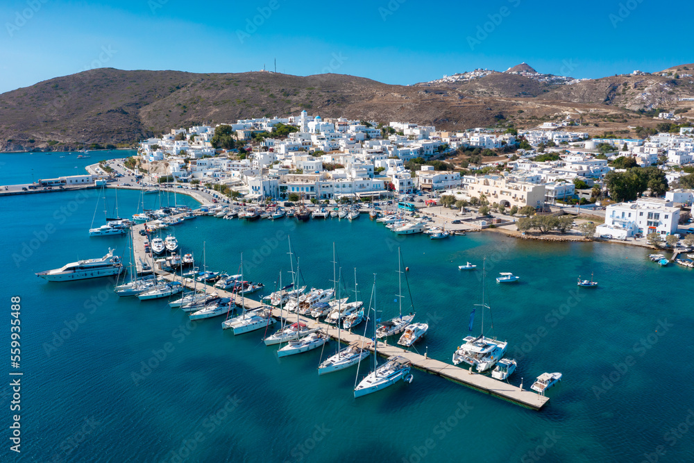 The harbor town of Adamas or Adamantas on the island of Milos. Cyclades islands, Greece