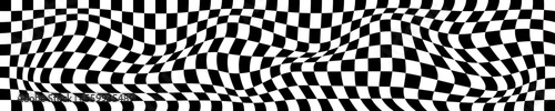 Psychedelic horizontal pattern with warped black and white squares. Distorted chess board background. Hypnotizing checkered optical illusion. Race flag texture. Trippy checkerboard surface