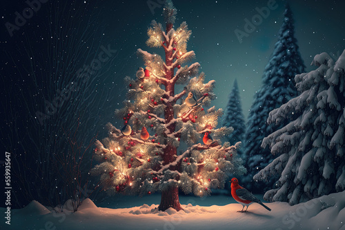 Background of winter season with Christmas tree with holiday decorations. Generative AI