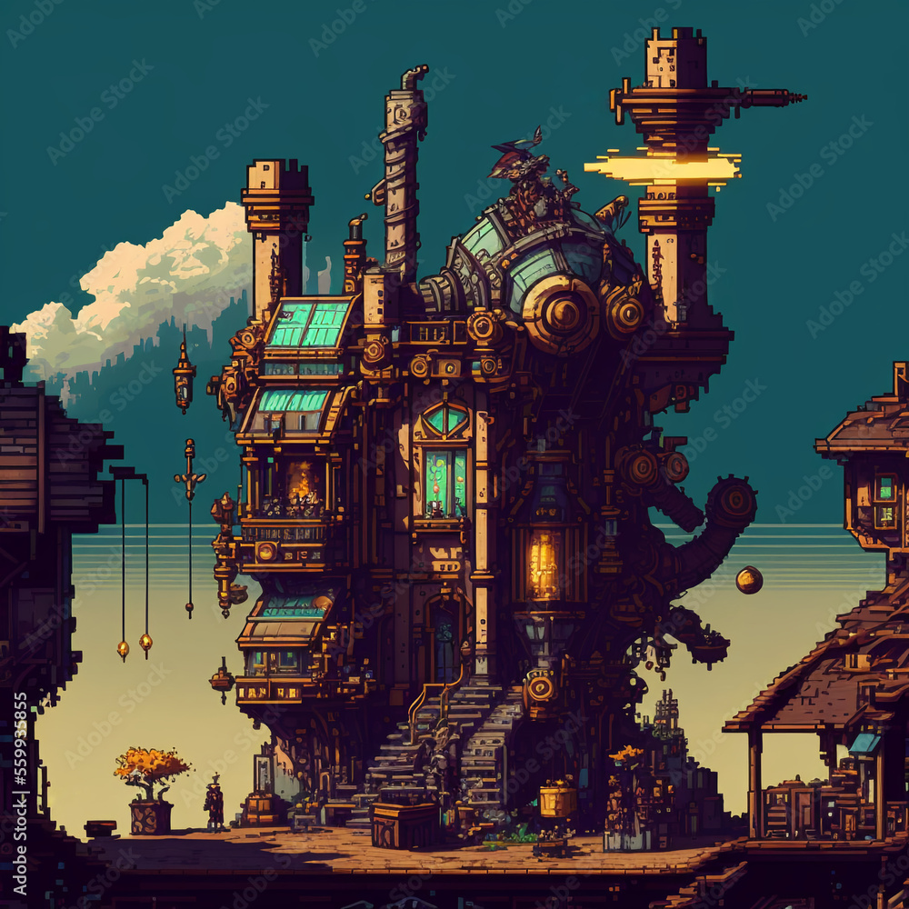 Steampunk Pixel Art with Clockwork Observatory. [SciFi