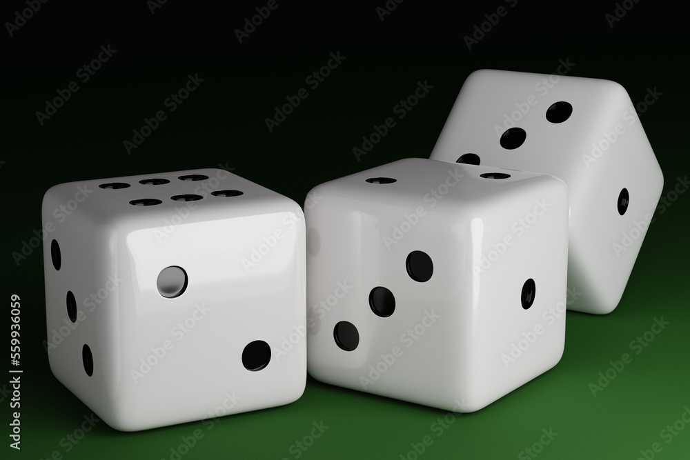 Three white dices on green background. 3D Render Three white dices on green background. 3D Render