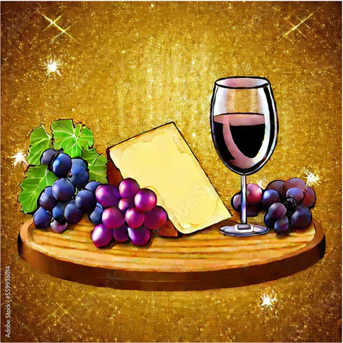 Käseplatte mit Wein und Weintrauben