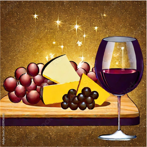Käseplatte mit Wein und Weintrauben