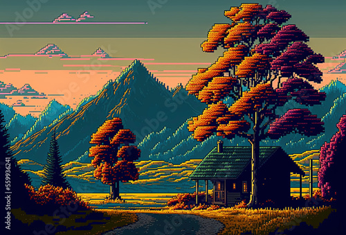 Pixel Art Landscape of a Rustic Cabin in the Mountains at Sunset. [Sci-Fi, Fantasy, Historic, Horror Scene. Generative AI. Graphic Novel, Video Game, Anime, Comic, or Manga Illustration.]