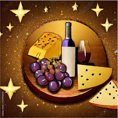 Käseplatte mit Wein und Weintrauben