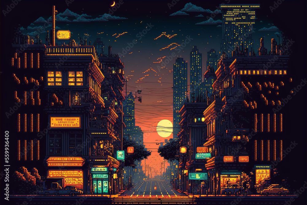 Pixel Art Neon Lit Street in a Big City at Sunset. [SciFi, Fantasy