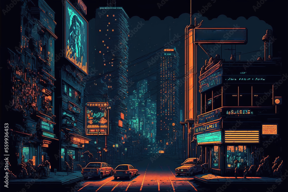Pixel Art Illustration of a Cyberpunk Cityscape at Night with Skyscrapers, Neon Lights, Billboards, Cars, Theater Marquee, & Electric Wires. Retro Video Game Pixelart City. [Sci-Fi, Fantasy, Historic] - obrazy, fototapety, plakaty 