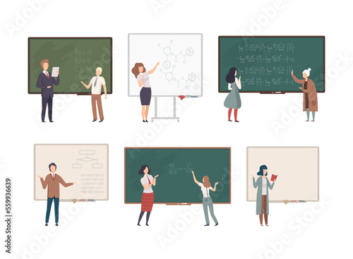 Set of teachers and professors standing in front of blackboard teaching students at school, college or university cartoon vector illustration