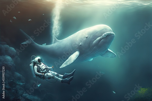 Astronaut swims with a whale