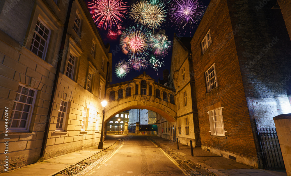 Fireworks display near Hertford Bridge known as the Bridge of Sighs in Oxford, England