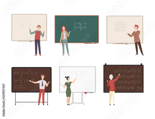 Teachers and professors standing in front of blackboard giving lecture at school, college or university set cartoon vector illustration