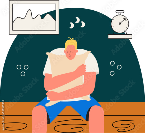 The man suffers from insomnia, anxiety, lack of sleep. A young guy hugs a pad and cannot fall asleep. Vector illustration in flat style