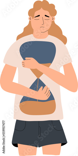 The girl hugs the hourglass. Concept of insomnia. Vector illustration in flat style