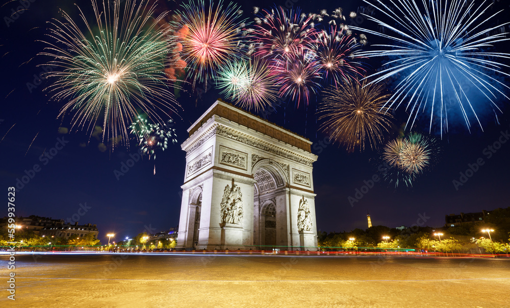 Naklejka premium Arc De Triomphe with fireworks during New Year celebration in Paris. France