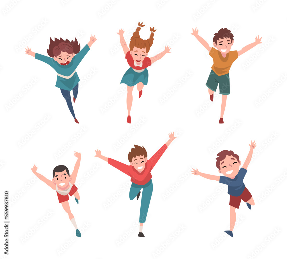 Set of happy children running with their arms outstretched. Freedom, carelessness, joy cartoon vector illustration Set of happy children running with their arms outstretched. Freedom, carelessness, joy cartoon vector illustration