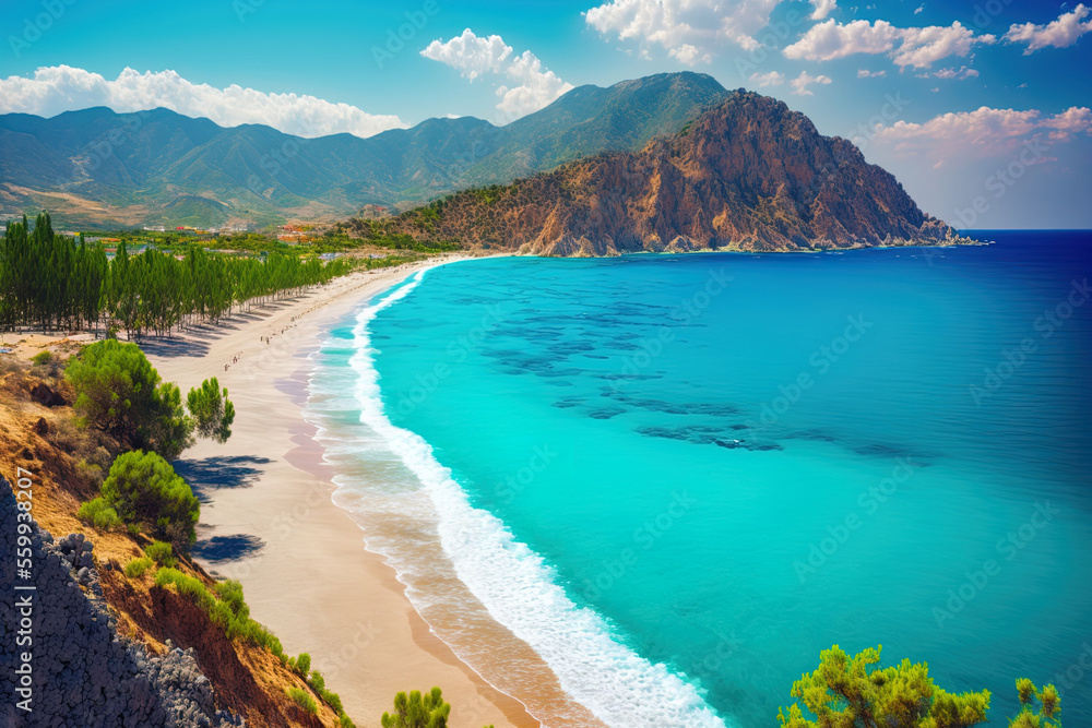 Fototapeta premium Beautiful sandy beach with gentle waves of the turquoise Mediterranean Sea in the background. Alanya Peninsula, Turkey. Generative AI