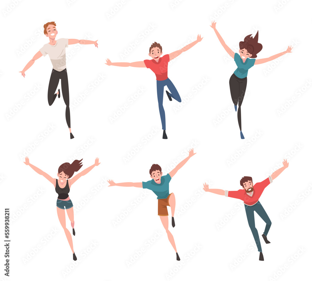 Set of happy people running with their arms outstretched. Freedom, carelessness, joy cartoon vector illustration Set of happy people running with their arms outstretched. Freedom, carelessness, joy cartoon vector illustration