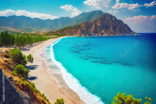 Beautiful sandy beach with gentle waves of the turquoise Mediterranean Sea in the background. Alanya Peninsula, Turkey. Generative AI