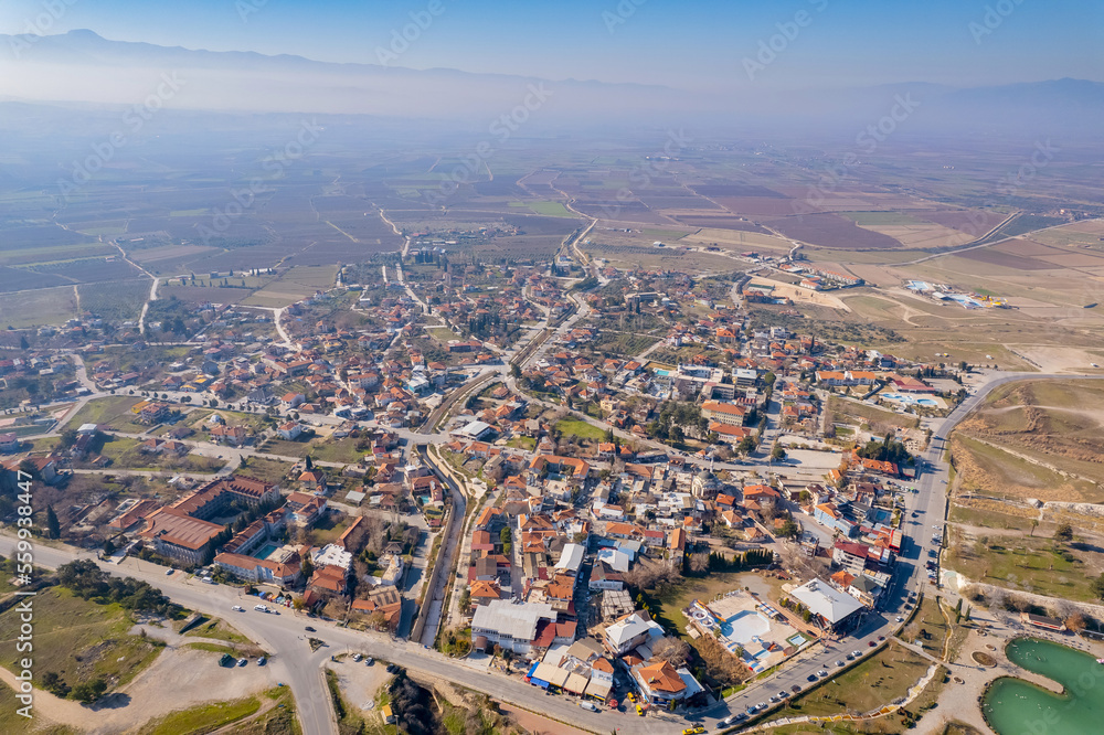 City Pamukkale landmark of Turkey Aerial top view
