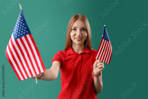 Young redhead woman with US...