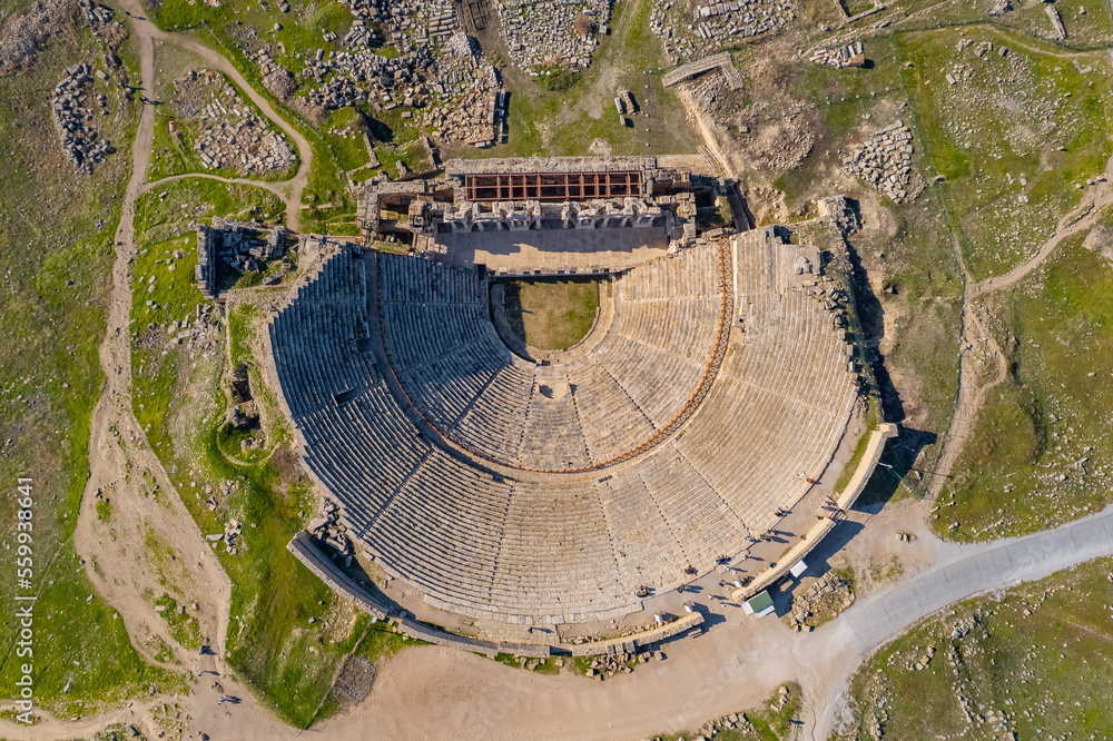 Amphitheater in Hierapolis ancient city in Pamukkale Turkey, aerial top view