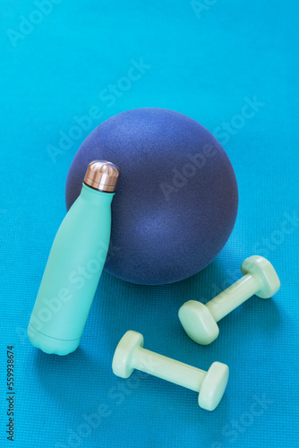 Obraz na plátně Sport ball, dumbbells and bottle with water on blue sports mat