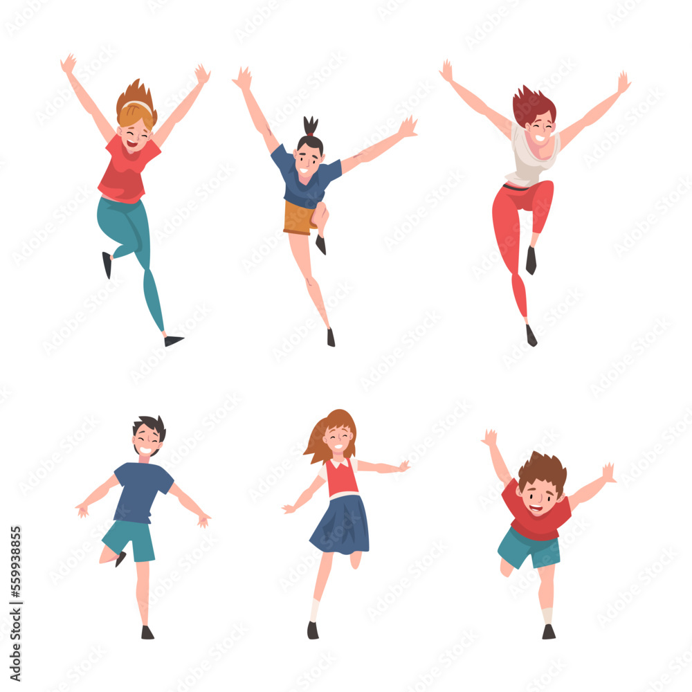 Set of happy people of different ages running with their arms outstretched. Freedom, carelessness, joy cartoon vector illustration Set of happy people of different ages running with their arms outstretched. Freedom, carelessness, joy cartoon vector illustration