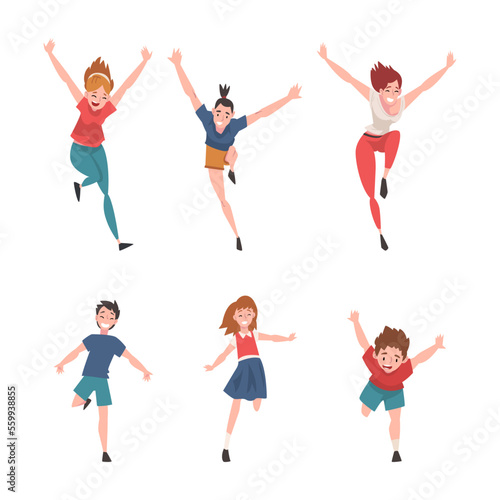 Set of happy people of different ages running with their arms outstretched. Freedom, carelessness, joy cartoon vector illustration