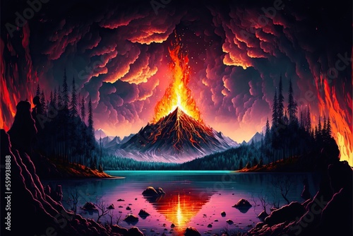 Beautiful landscape with lake forest and volcano eruption  created with Generative AI technology