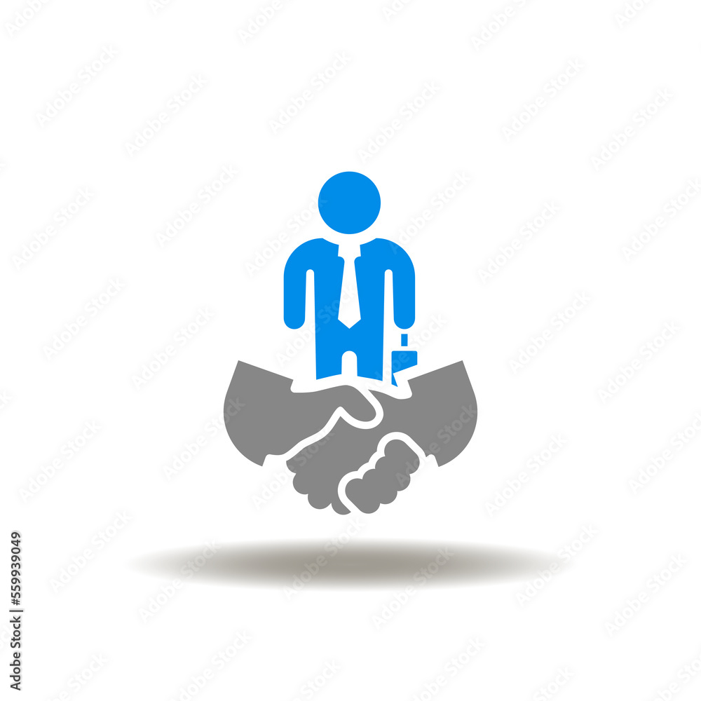 Vector illustration of handshake and businessman. Icon of deal. Symbol of partnership. Sign of HR Human Resource, Recruiting. Vector illustration of handshake and businessman. Icon of deal. Symbol of partnership. Sign of HR Human Resource, Recruiting.