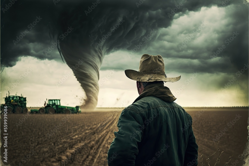 Rear view farmer look at tornado on a crop field, concept of climate
