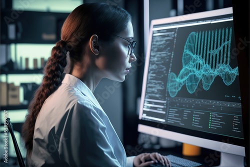 Medical researcher using a computer to analyse genomic information, created with Generative AI technology