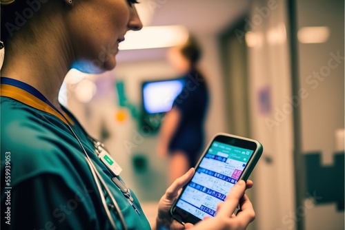 Nurse using a smartphone app to access electronic medical information, created with Generative AI technology