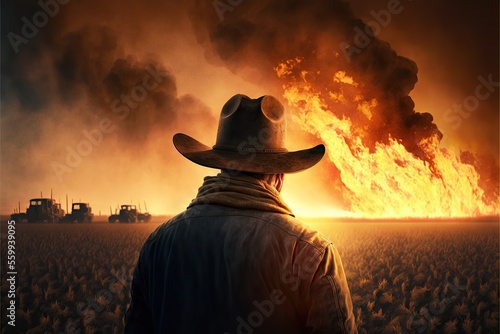 Rear view farmer looking at burning crop field, concept of climate change affecting climate, created with Generative AI technology