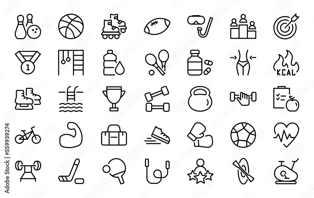 Set of 35 sport icons in line style. Football, bowling, hockey, tennis, swim, health, lifestyle. Vector illustration.  