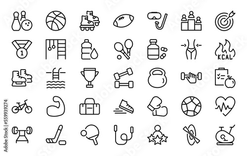 Set of 35 sport icons in line style. Football, bowling, hockey, tennis, swim, health, lifestyle. Vector illustration.  