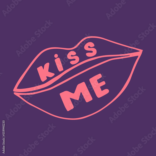 Kiss me handwritten lettering. Happy Saint Valentine's wishcard.
