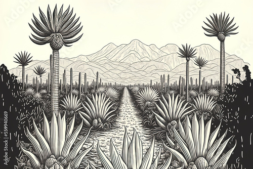 Field of agave. old fashioned retro scenery harvesting to make tequila. drawn by hand and engraved. Woodcut design. Menu or poster illustration in format. Generative AI photo