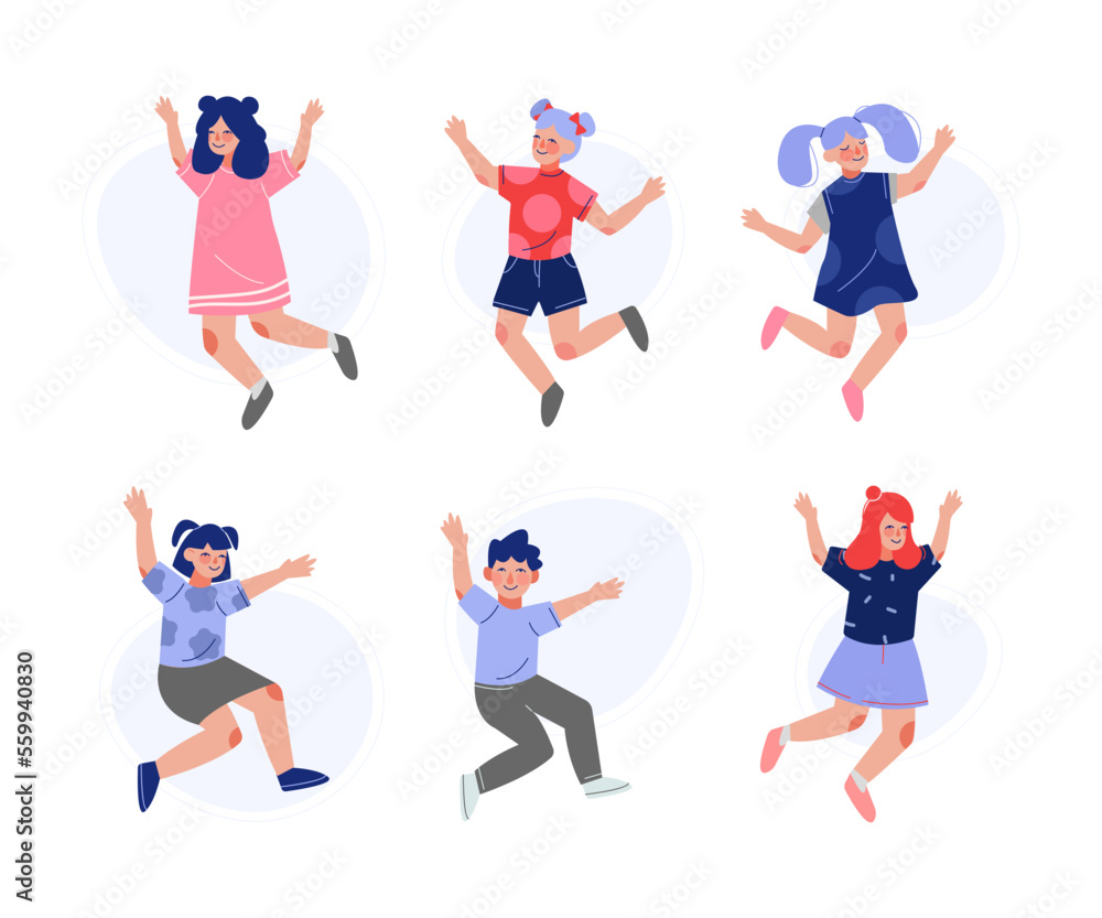 Happy children jumping with raising hands set. Cute joyful boys and girls having fun or celebrating success cartoon vector illustration i