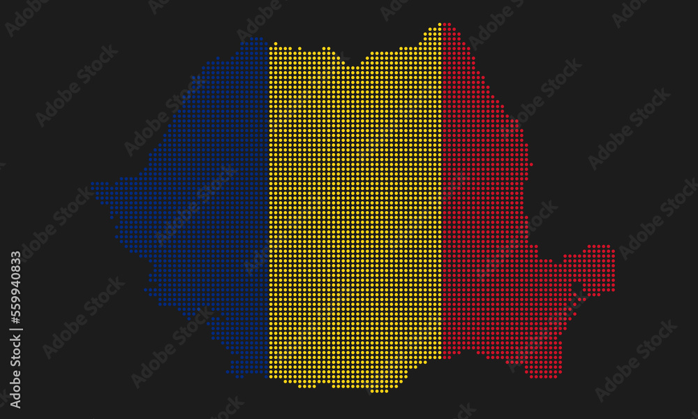 Romania map flag with grunge texture in mosaic dot style. Abstract pixel vector illustration of a country map with halftone effect for infographic. 