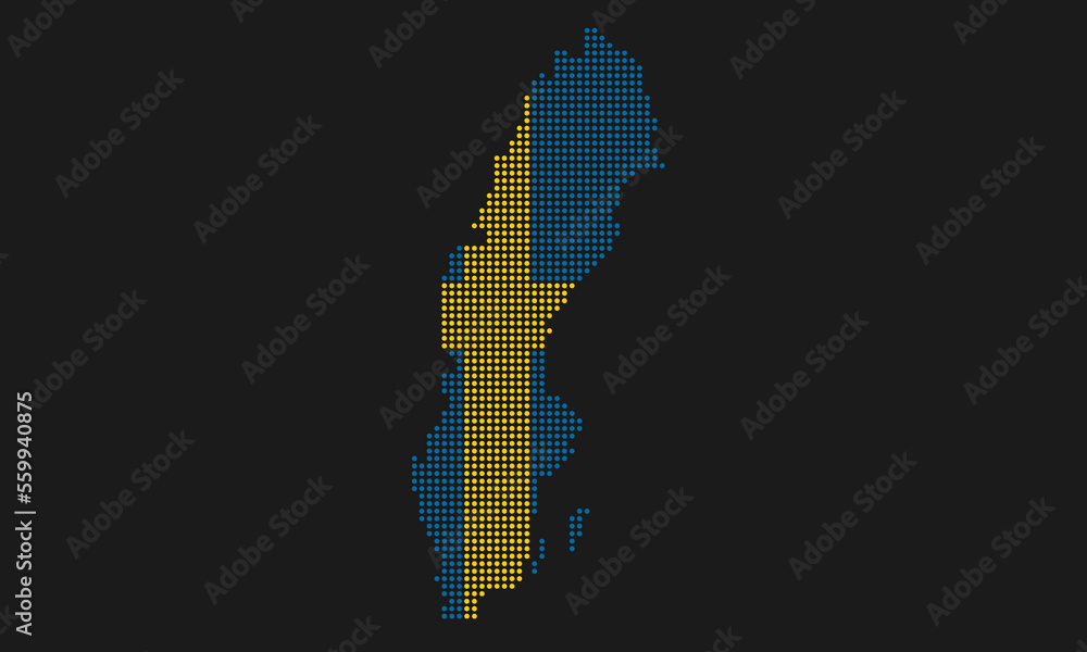Sweden map flag with grunge texture in mosaic dot style. Abstract pixel vector illustration of a country map with halftone effect for infographic. 